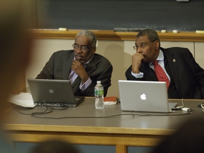 Frantz Verella, left, Haiti's former Minister of Public Works, Transport and Communication; and Patrick Delatour, right, Chairman of the Presidential Commission for Reconstruction and the Minister of Tourism in Haiti, spoke to the MIT community about rebuilding the devastated nation.
