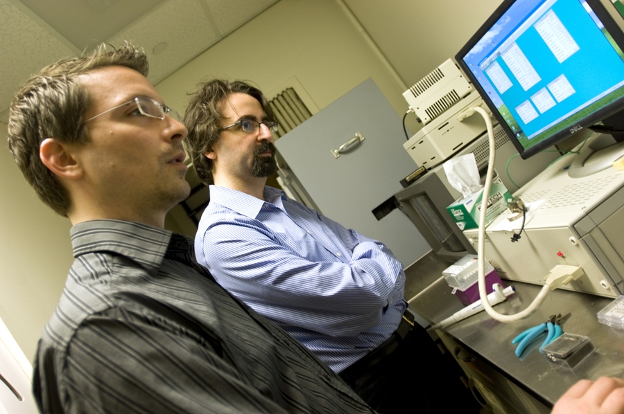 Kislon Voitchovsky, left, and Francesco Stellacci watch the monitor showing observations being made with the Atomic Force Microscope.