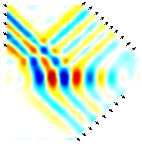 Image from laboratory experiment on internal waves shows both reflection and transmission of waves through a boundary between layers of water with differing densities