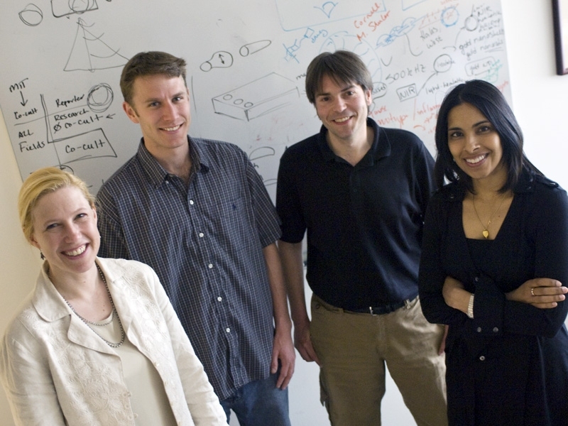 (From left) Associate Professor Bevin Engelward, graduate student David Weingeist, postdoctoral fellow David Wood and Professor Sangeeta Bhatia developed a new technology that can detect DNA damage in single cells.
