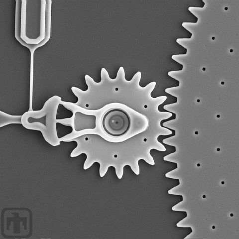 Though negligible at larger scales, Casimir forces can cause the moving parts of micromachines, like the one shown here, to stick together.