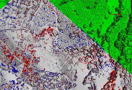 By comparing nighttime imaging of a suburb of Port-au-Prince, USSOUTHCOM can determine activity in the area, such as an increase in the number of tents and other structures or an increase in tree cutting. Such comparisons help predict population locations, activity, and population movement. The blue areas denote objects imaged on the collection night, and red marks objects from an earlier night's ...