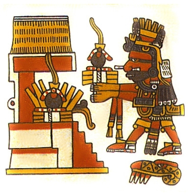 The Aztec god, Xiuhtecuhtli, as one of the nine Lords of the Night, offers up rubber balls in this drawing.