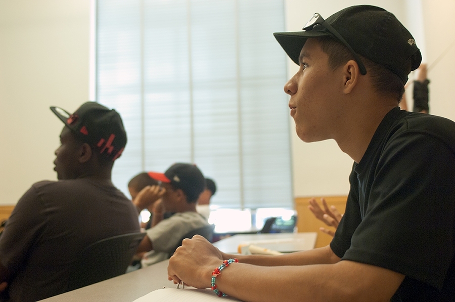 Members of the class discuss how fast balls and knuckle balls are affected by the laws of fluid dynamics.