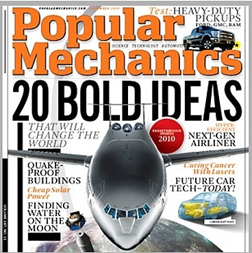The cover of the November issue of Popular Mechanics, featuring an artist's rendering of the MIT-led team's plane in the center.