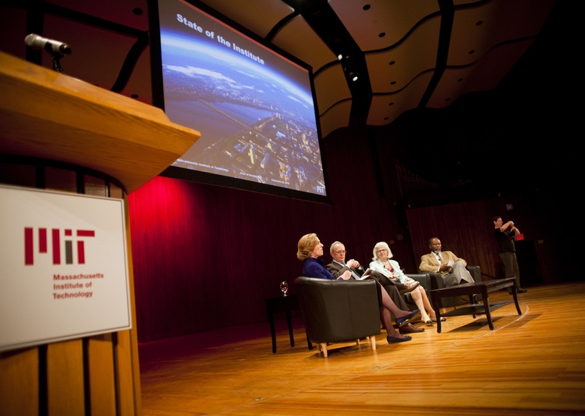 From left to right, President Hockfield, Provost L. Rafael Reif, Executive Vice President and Treasurer Theresa M. Stone and Chancellor Phillip Clay answer questions submitted by the community.