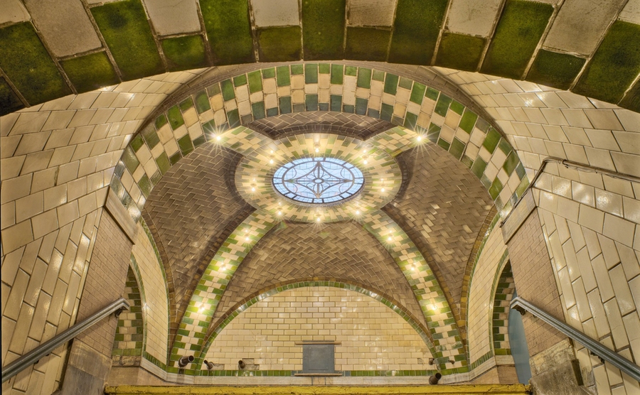 Glazed tile and a skylight decorate this landmark subway station.
