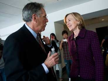 Diamond speaks with MIT President Susan Hockfield after the press conference.
