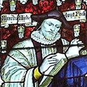 A detail of a stained-glass window showing Richard Hakluyt.