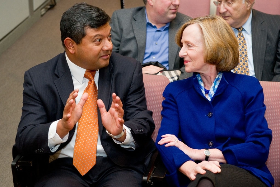 Majumdar speaks with MIT President Susan Hockfield after the event.