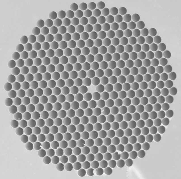 A scanning-electron micrographs of a photonic-crystal fiber produced at the U.S. Naval Research Laboratory. 