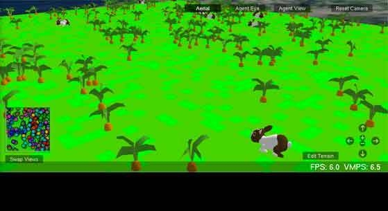 Students will not only be using pre-built simulations, but also creating their own. Pictured here, the StarLogo TNG program code, expressed by the puzzle piece blocks, underlying a model of ecology and evolution, and the resulting 3-D simulation.