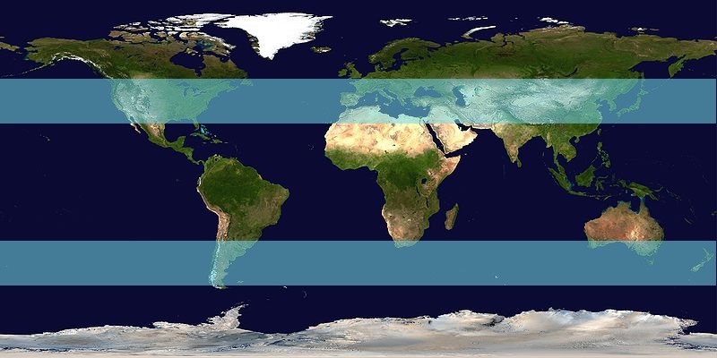 This image identifies the Earth's middle latitudes where extratropical storms form. These regions are located between approximately 30° and 60° north/south latitude.