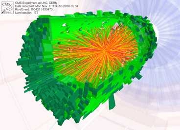 One of the first lead-ion collisions in the LHC as recorded by the CMS experiment on Nov. 8, 2010.