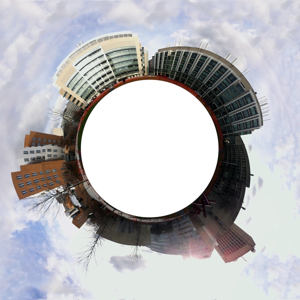 This stereograhic panorama gives a 360-degree view from the center of the North Courtyard.
“It really has no back door,” Facilities Senior Project Manager James May said of the new facility, which features four ground-level entrances that link the building to the MIT campus and Kendall Square.