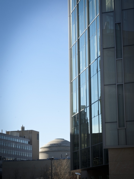 Despite proposals to position Building 76 at the exact corner of Main and Ames streets, the building’s architect “was adamant that we preserve the view of the dome because it’s something that everyone recognizes as a part of MIT,” says May. As a result, the building is located several yards from the intersection.
This image also shows one of the building’s glass stairwells that is meant...