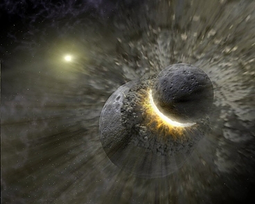 Massive planetesimals — some as large as 2,000 miles in diameter — may have struck other objects in space, including possibly Earth, Mars and the Moon, in a similar fashion to this artist's rendering of a space collision.