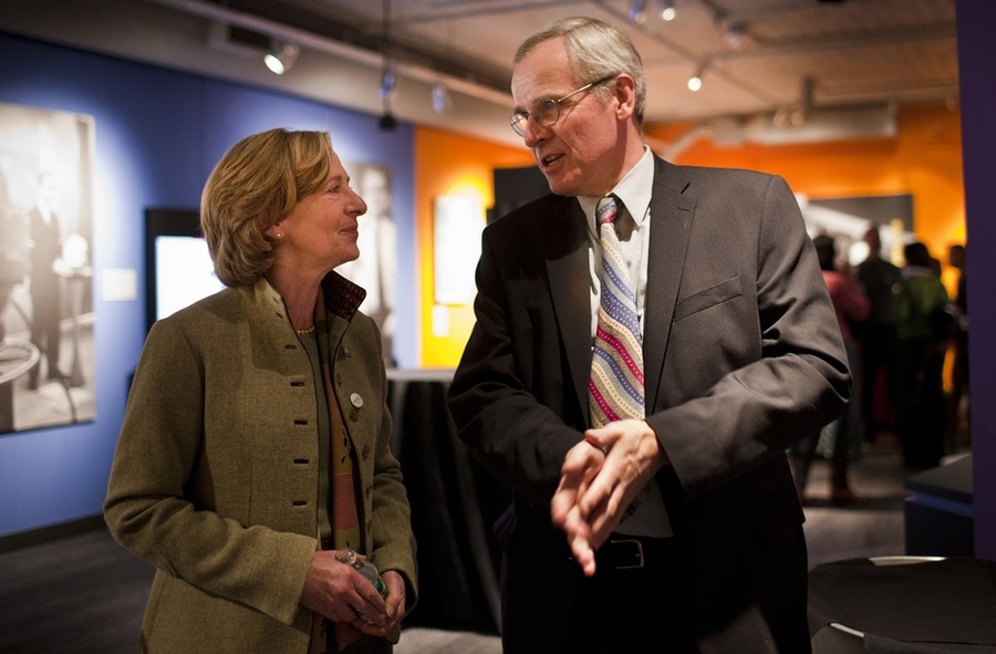 MIT President Susan Hockfield and MIT Museum director John Durant chat after kicking off the celebration of the Institute's 150th anniversary with a community-only event at the MIT Museum.