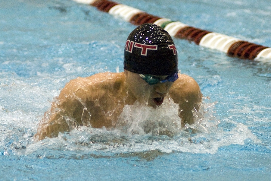 Freshman Michael Liao '14 en route to winning the 100 Breaststroke. Liao also established a new NEWMAC meet record in the 200 breaststroke with a time of 2:03.03, which was good for an NCAA provisional qualification.