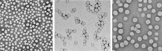 Using the new system, the researchers created particles highly homogenous in size — seen from left to right — with diameters of 33 nanometers, 55 nanometers and 200 nanometers.