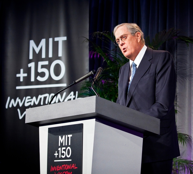 David Koch ’62, SM ’63, whose $100 million donation helped fund construction of the building, speaks during the dedication ceremony.