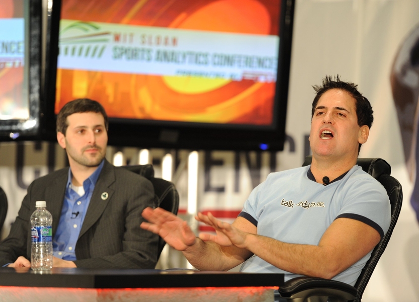 Boston Celtics Assistant General Manager Mike Zarren, left, and Dallas Mavericks owner Mark Cuban at a panel discussion of basketball analytics.