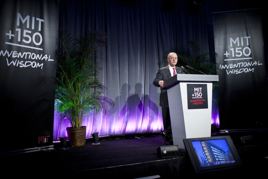 MIT Corporation Chairman John Reed addresses the crowd gathered to dedicate the new building.