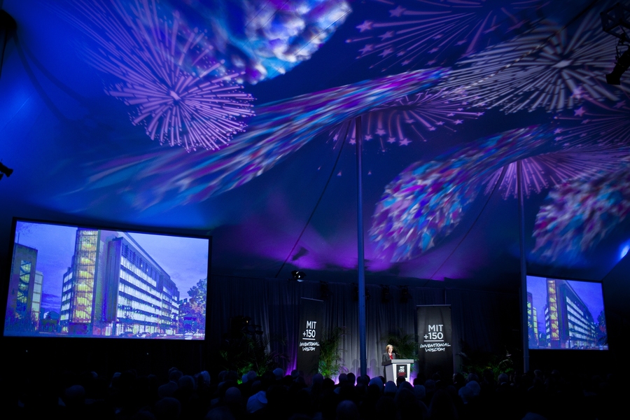 A tent was erected outside the Koch Institute for the celebration. Research images were projected onto the walls and ceiling.