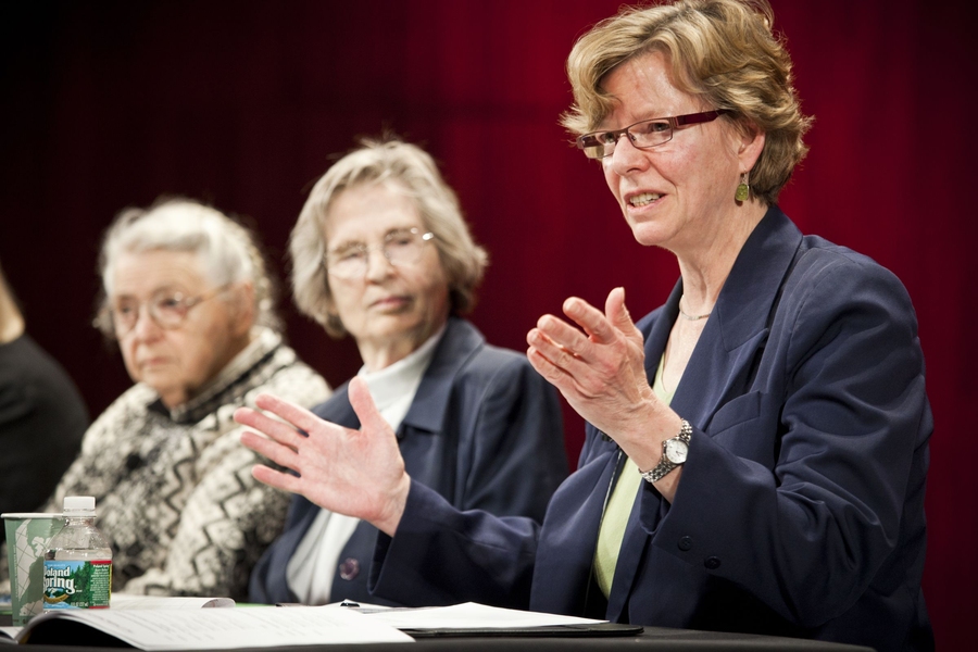 Cherry Murray ‘73, PhD ‘78, right, the John A. and Elizabeth S. Armstrong Professor of Engineering and Applied Sciences and professor of physics at Harvard University, talked about lessons universities could learn from industry for cultivating leadership among women, as part of a panel discussion with Institute Professor Emerita Mildred Dresselhaus, left, and Lotte Bailyn, professor of managem...