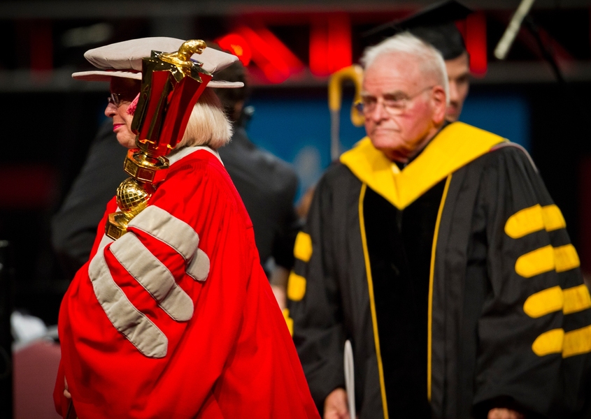 The procession was led by Anne Street '69, SM '72 , president of the Alumni Association, followed by President emeritus Paul Gray.