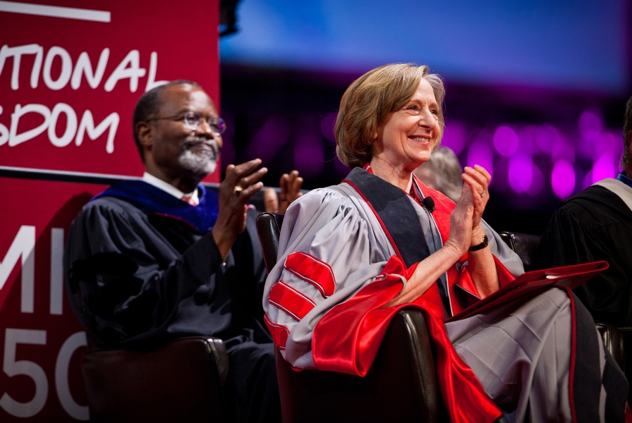MIT President Susan Hockfield and Professor Philip Clay look on during the event.
