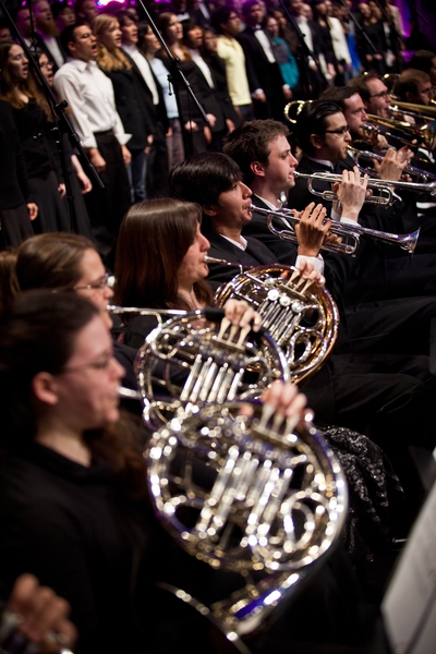 The MIT Symphony Orchestra rehearses for their performance.