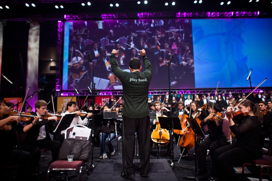 The MIT Symphony Orchestra rehearses for their performance.