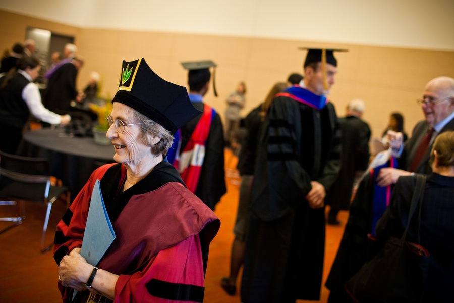 Approximately 400 members of the MIT community — administrators, faculty, staff, students and alumni — participated in a formal procession into the event. Prior to the event, the participants gathered to meet and don their academic regalia.