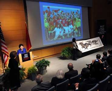 Liu delivered a talk later in the day, and the delegation presented MIT with a large Chinese painting, created by a professor at Tsinghua University.