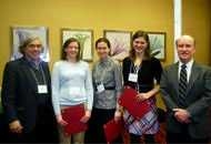 Posing with MIT Energy Initiative Director Ernest Moniz, left, and MITEI Deputy Director Robert Armstrong, far right, are the recipients of the MITEI awards for best poster (from left to right): Carla Thomas, Toby Anna Klein and Georgina Amy Campbell.