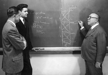 Amar Bose, center, with mentors Y. W. Lee, far left, and Norbert Wiener, right, at MIT's Research Laboratory of Electronics in 1955.