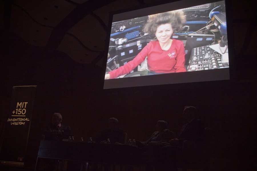 Astronaut Catherine 'Cady' Coleman ’83 addresses the audience from the International Space Station. 