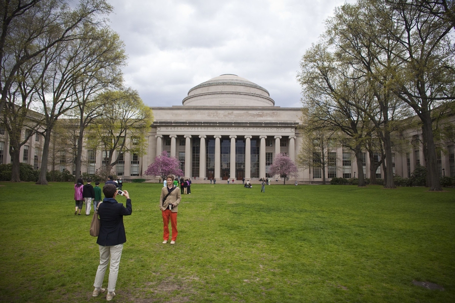 Killian Court was a prime spot for visitors to take photos in front of MIT's Great Dome.