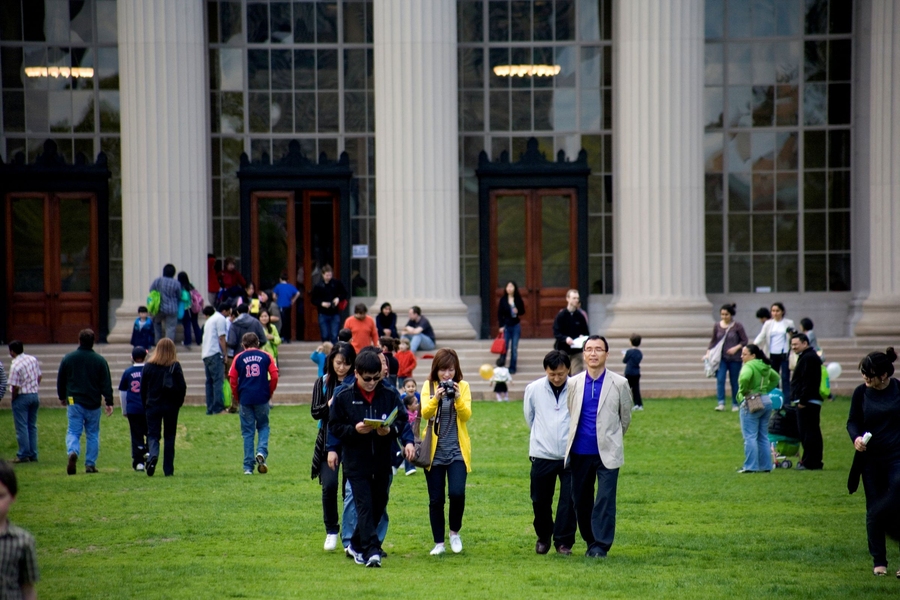 Visitors gather in Killian Court outside Building 10.