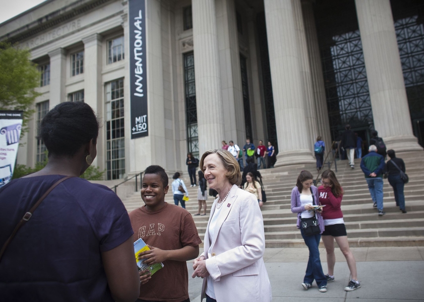 MIT President Susan Hockfield talks to students outside the main entrance to the Institute at 77 Massachusetts Ave.
