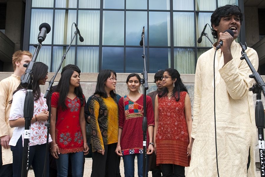 One of MIT's many singing groups performs on steps of the Stratton Student Center.