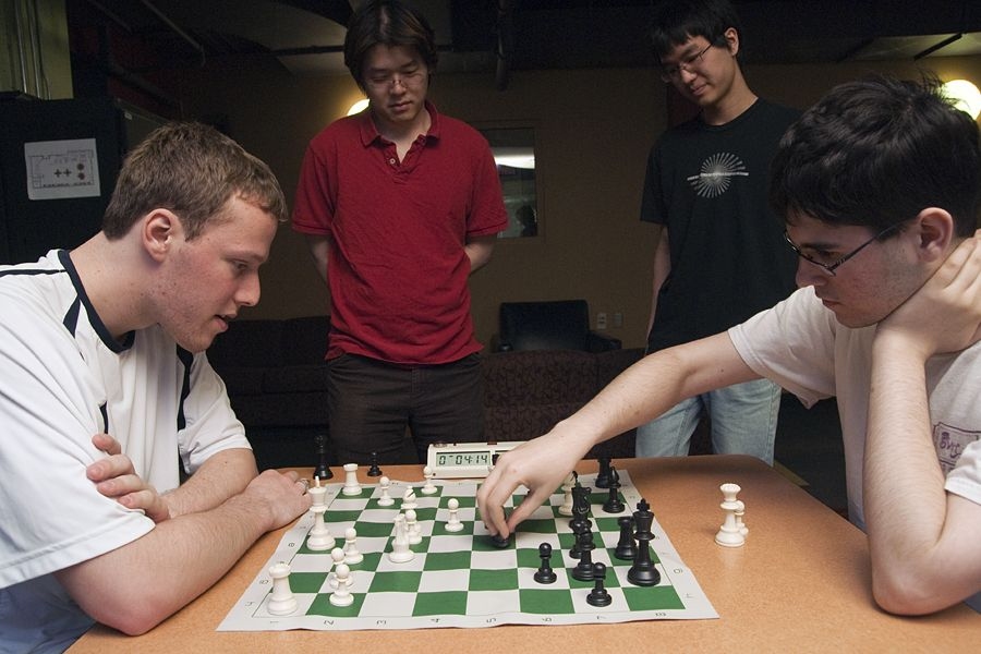 The MIT Chess Club puts on a speed-chess demonstration at the Stratton Student Center.