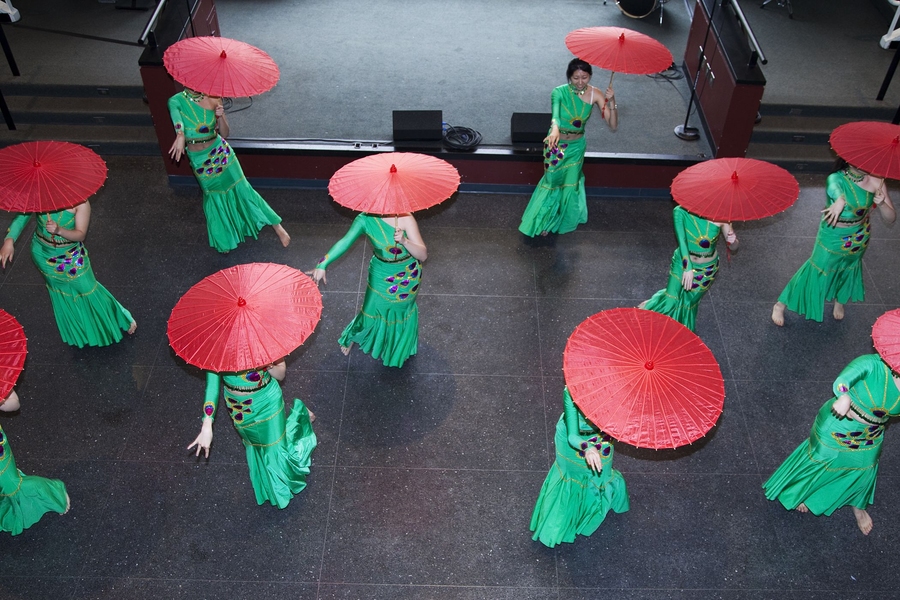 One of MIT's many student dance clubs performs in Lobdell Court at the Stratton Student Center.