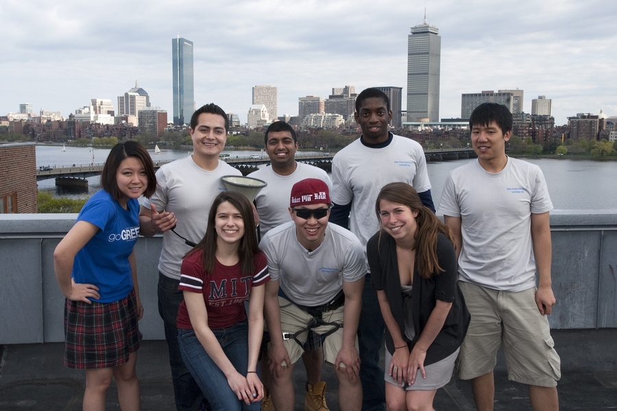 The rooftop team at the annual Baker House Piano Drop: (back row) sophomore Christina Qi, senior Brian Luque, junior Abhinav Jain, junior Ijeoma Emeagwali, junior Jonathan Wang, (front row) sophomore Annabeth Gellman, senior Andy Wu, and senior Stacey Allen.