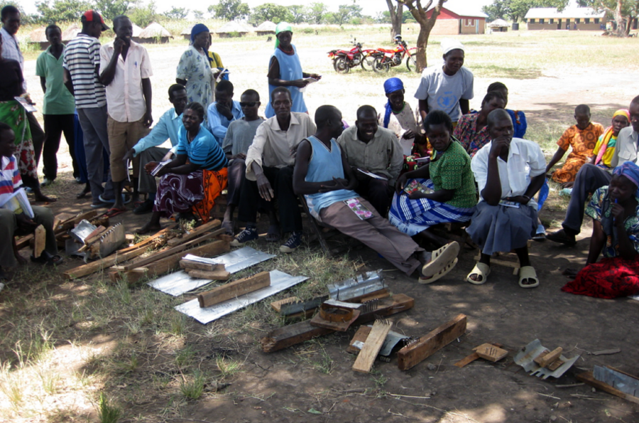 After the workshop, villagers display the many different concepts they came up with for ground-nut (peanut) threshers, to separate the nuts from the roots — something they have traditionally done slowly by hand.