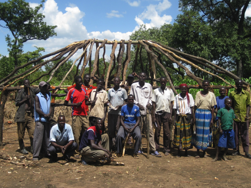 The structure of the community innovation center is completed, prior to thatching the roof.
