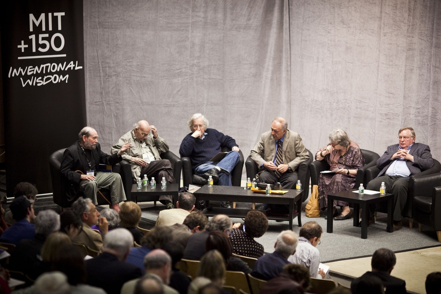 The panelists at the kickoff session were, from left to right, Sydney Brenner, Marvin Minsky, Noam Chomsky, Emilio Bizzi, Barbara Partee and Patrick Winston.
