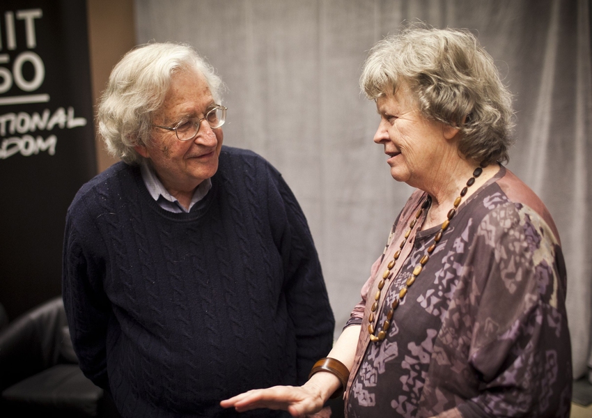 Barbara Partee, right, who described her early work as trying to do for linguistic meaning what Noam Chomsky had done for grammar, spoke with Chomsky after the panel.