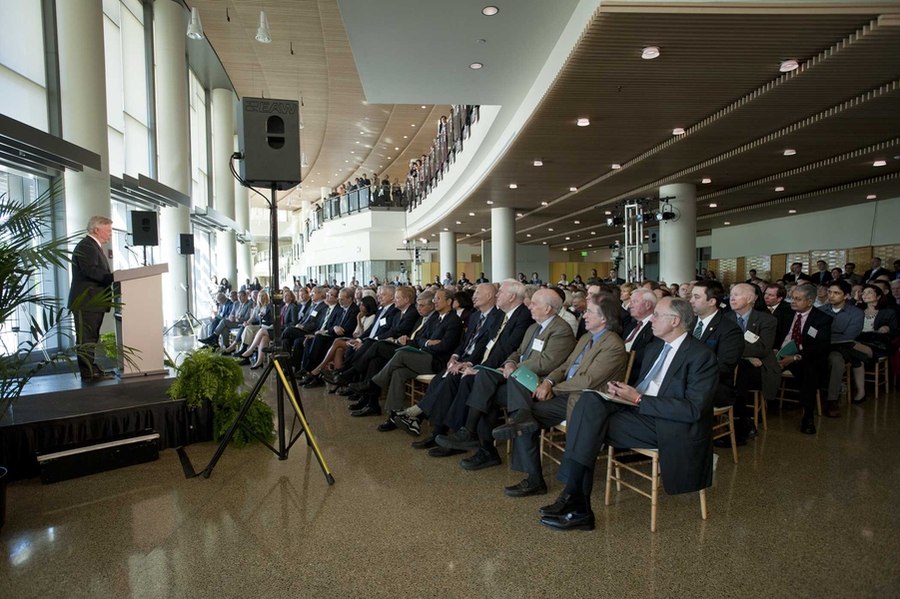 David Schmittlein, the John C. Head III Dean of the MIT Sloan School of Management, speaks at the dedication of MIT Sloan’s new building.